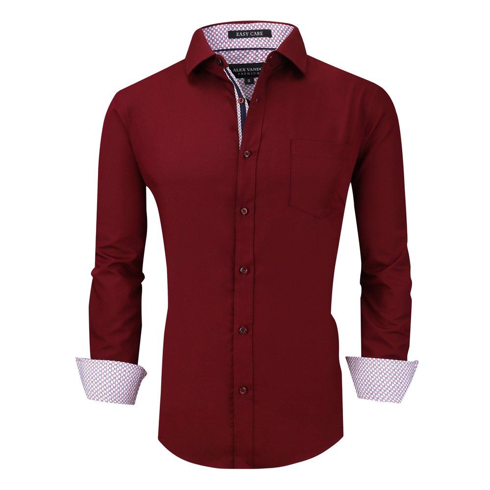 Alex Vando Mens Bamboo Dress Shirts Wrinkle Free Regular Fit Stretch Button Down Shirt,Burgundy,L