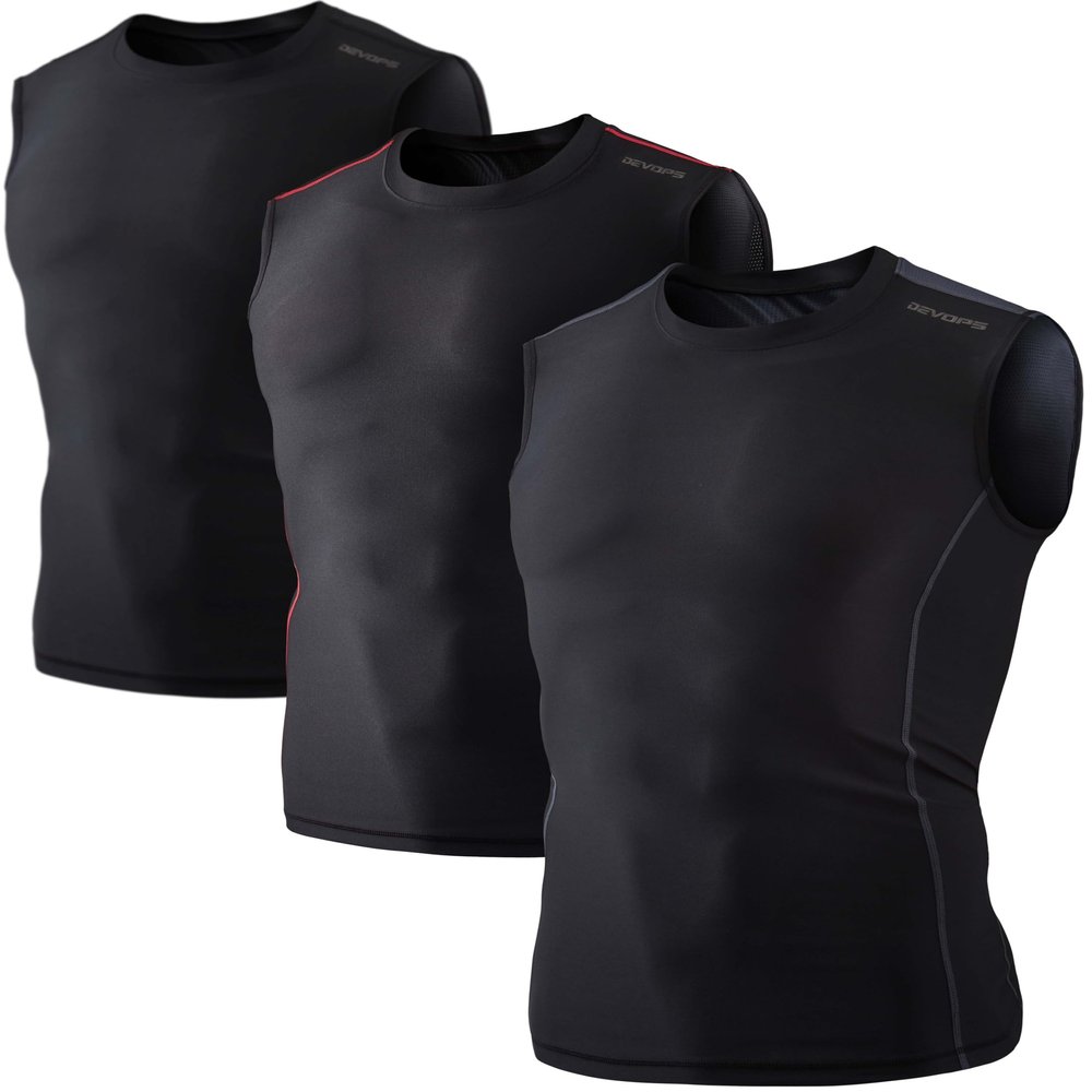 DEVOPS 3 Pack Men's Athletic Compression Mesh Sleeveless Shirts (X-Large, Black/Black/Black)