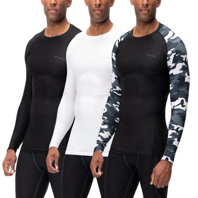 DEVOPS 3 Pack Men's UPF 50+ Long Sleeve Compression Shirts Quick Dry, Cool Gear for Garage Garden Gym Yard and Workouts (Medium, Black/Camo Black2 / White)
