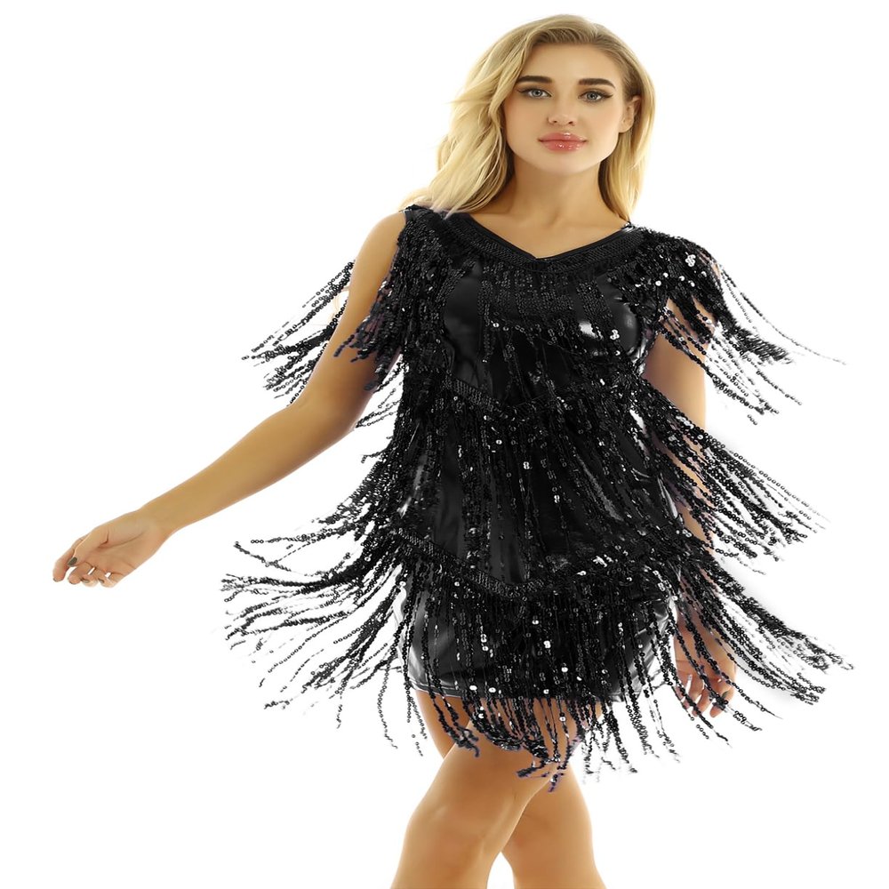 ACSUSS Women Shiny Sequins Ballroom Latin Dance Dress Salsa Tango Cha Cha Costumes Dress Black Large
