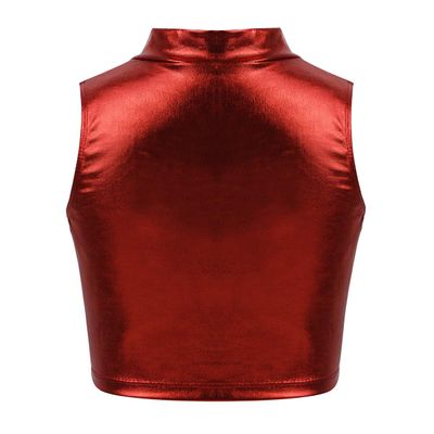 FEESHOW Big Girls Sleeveless Metallic Tank Top Turtle Mock-Neck Crop Tops Tee Shirt for Sports Dance wear Red 12