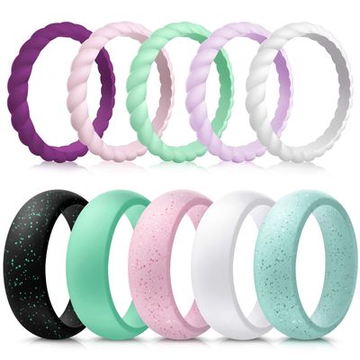 Forthee 10 Pack Silicone Wedding Ring for Women, Thin and Braided Rubber Band, Fashion, Colorful, Comfortable fit, Skin Safe,Size 5