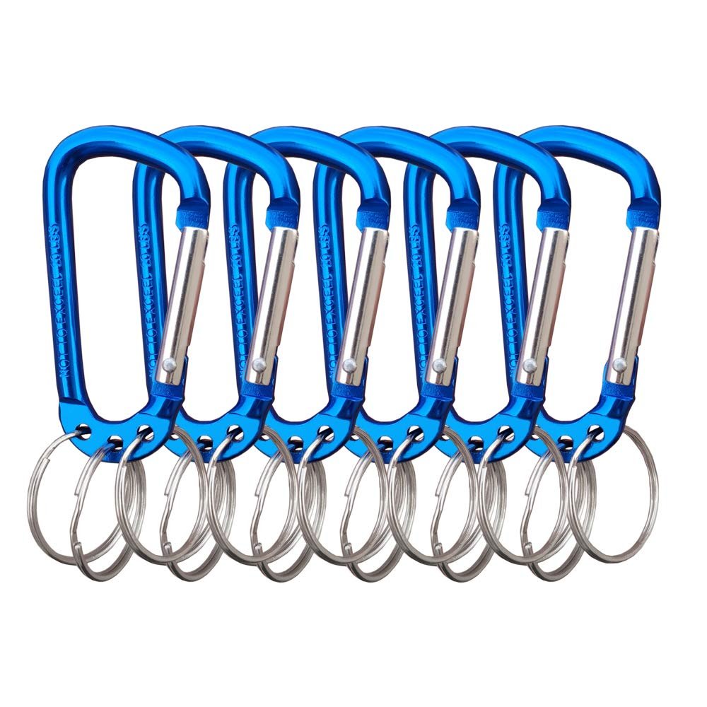 Carabiner Clip Keychain Aluminum Alloy D Shape Multifunction Clip Hook with 3 Key Rings for Outdoor Backpack Blue 6 Pack