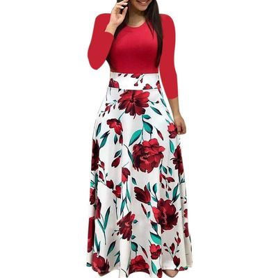 Clopon Women's Long Dress, Floral Print Maxi Dresses for Ladies Winter Long Sleeve Dress (M, Red)