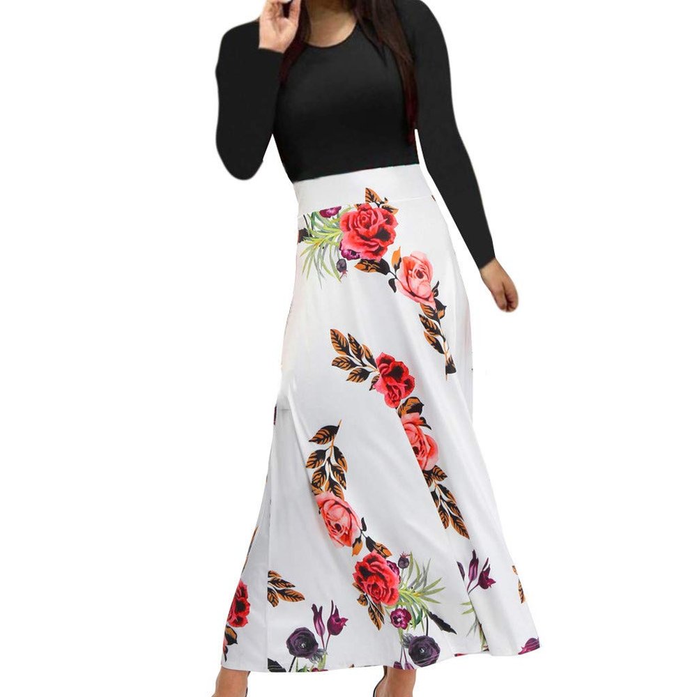 Clopon Women's Long Dress, Floral Print Maxi Dresses for Ladies Winter Long Sleeve Dress (XL, White)