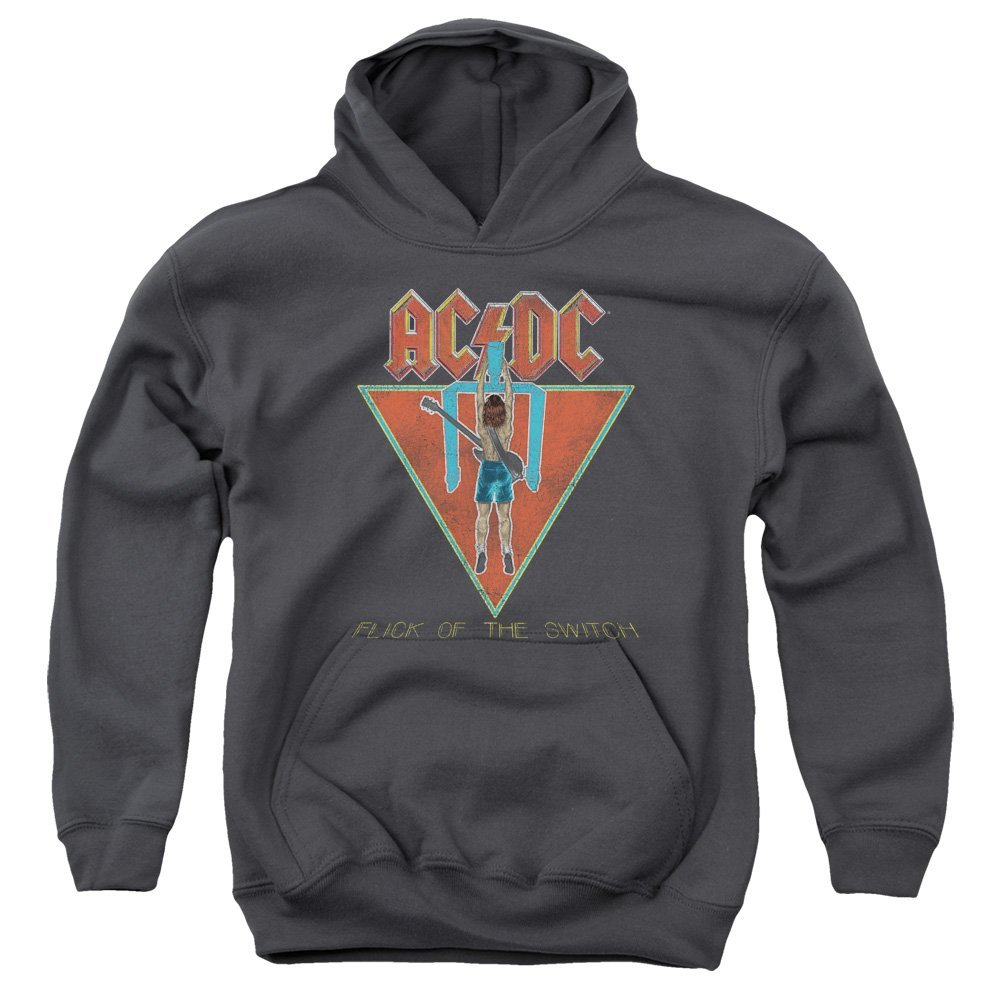 ACDC Flick of The Switch Unisex Youth Pull-Over Hoodie for Boys and Girls, Medium Charcoal