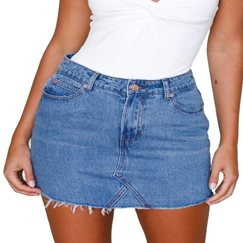 Deslimale Jean Skirts for Women's Casual Washed Frayed Stretch Denim Mini Skirt (US 4-6)