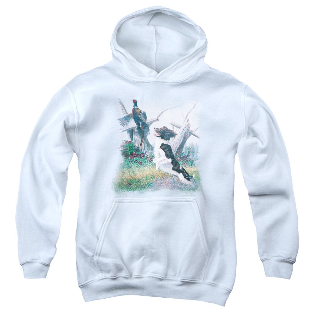 Trevco Wildlife Springer with Pheasant Unisex Youth Pull-Over Hoodie for Boys and Girls, X-Large White