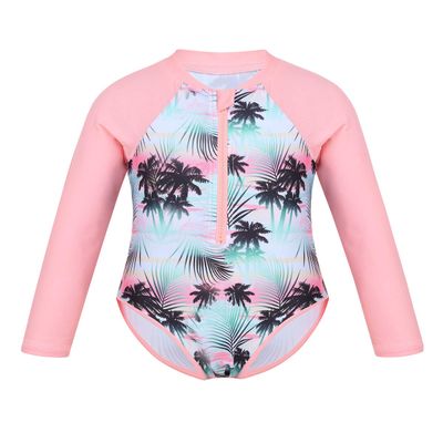 FEESHOW Kids Baby Girls Floral Long Sleeve Rash Guard Swimsuit Shirt Tops UV Sun Protective Swimwear Bathing Suit Pink Palm 8