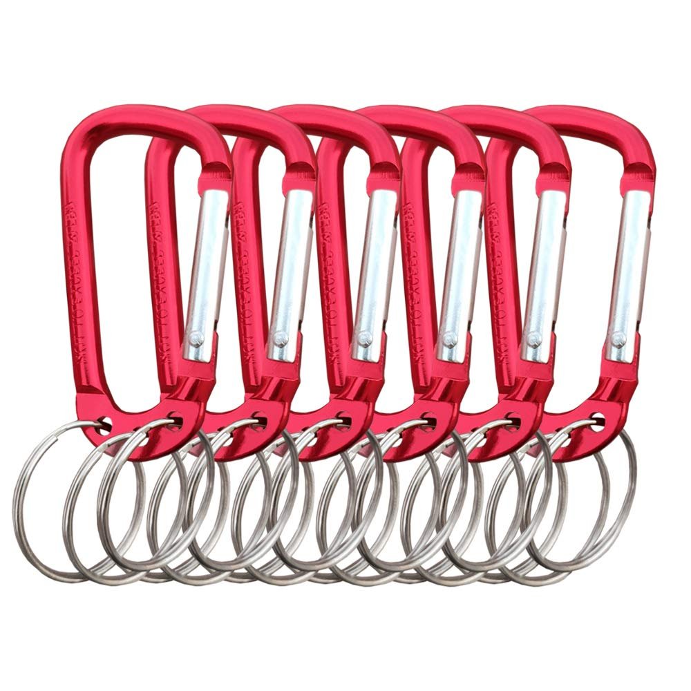 Carabiner Clip Keychain Aluminum Alloy D Shape Multifunction Clip Hook with 3 Key Rings for Outdoor Backpack Red 6 Pack