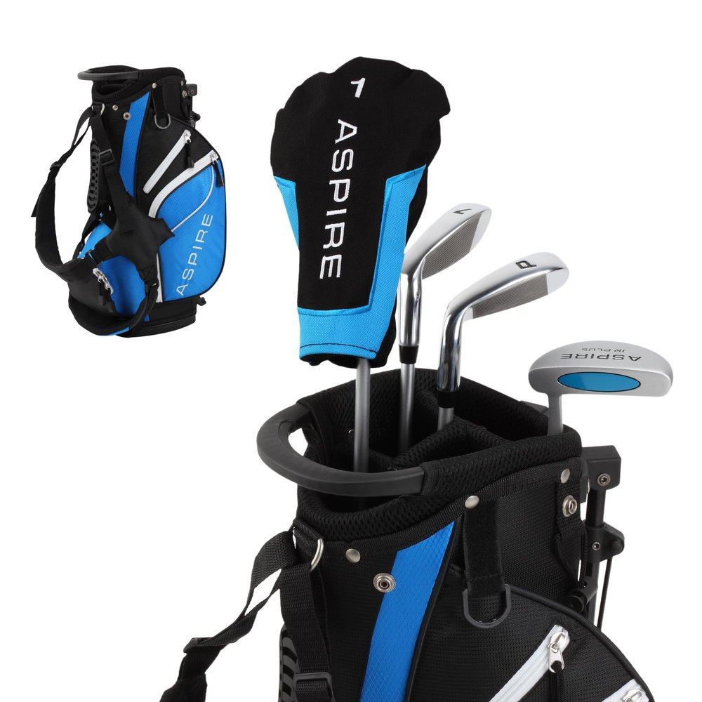 Aspire Junior Plus Kids Golf Clubs  Boys & Girls Right-Handed Golf Set with Lightweight Stand Bag, Graphite Shafts & Aircraft-Grade Aluminum Clubs - Blue Ages 3-4