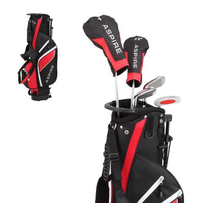 Aspire Junior Plus Kids Golf Clubs Boys & Girls Right-Handed Golf Set with Lightweight Stand Bag, Graphite Shafts & Aircraft-Grade Aluminum Clubs - Red Ages 1112