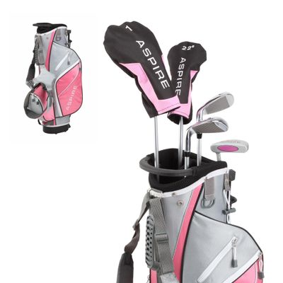 Aspire Junior Plus Kids Golf Clubs Boys & Girls Right-Handed Golf Set with Lightweight Stand Bag, Graphite Shafts & Aircraft-Grade Aluminum Clubs - Pink Ages 9-10