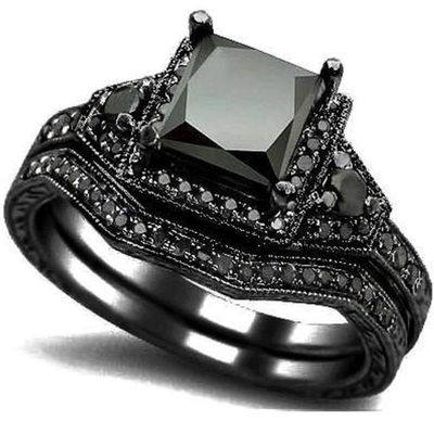 Black Onyx Princess Cut Anniversary Wedding Bridal Ring Set (Black, 10.5)