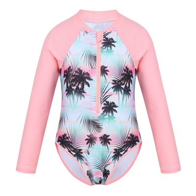 winying Kids Girls One Piece Long Sleeves Palm Trees Printed Swimsuit UV Protection Rash Guard Pink 4