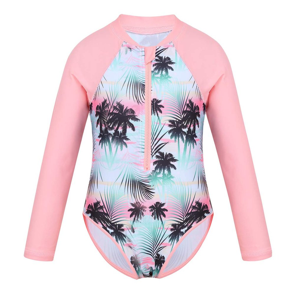 winying Kids Girls One Piece Long Sleeves Palm Trees Printed Swimsuit UV Protection Rash Guard Pink 4