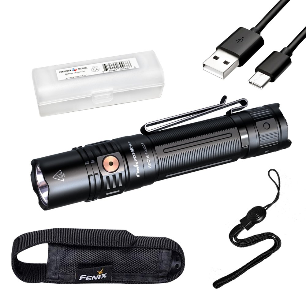 Fenix PD36R V2.0 1700 Lumen Rechargeable Flashlight, USB-C Tactical Duty Light, and LumenTac Organizer