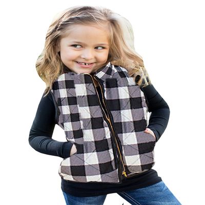 Ivay Girls Buffalo Cotton Plaid Quilted Vest Cute Puff Lined Gilet (3T/90cm, White-Black)