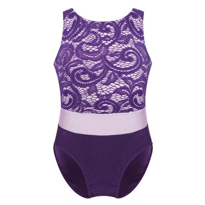 Agoky Kids Girls Criss Cross Lace Back Cotton Leotard Ballet Dancewear Gymnastics Unitard Purple Lace 5-6