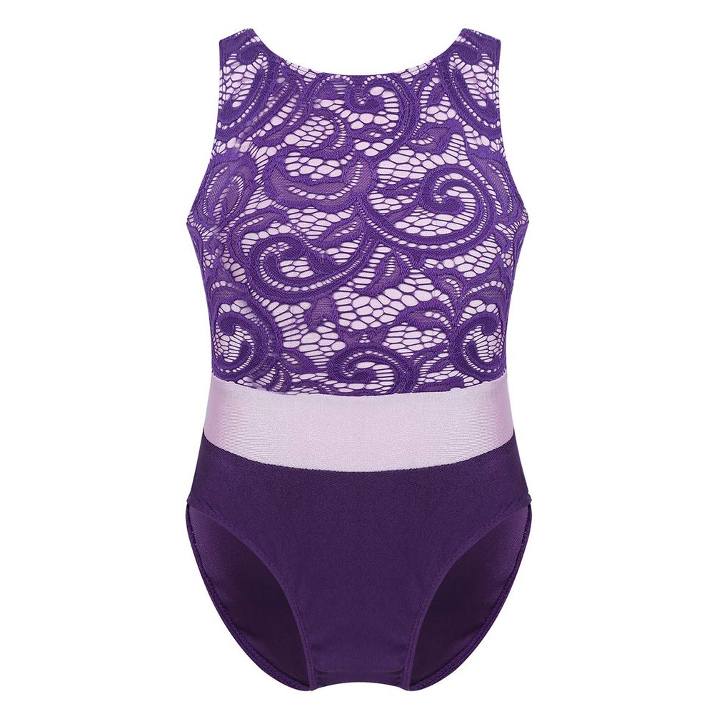 Agoky Kids Girls Criss Cross Lace Back Cotton Leotard Ballet Dancewear Gymnastics Unitard Purple Lace 5-6