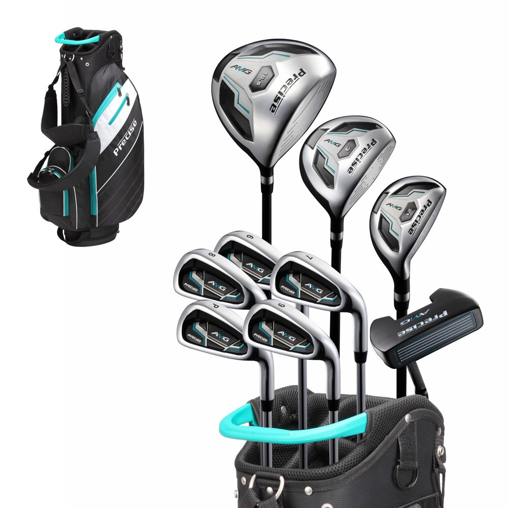 Precise AMG Mens 14-Piece Golf Set  Titanium Driver, Wood, Hybrid, 6-PW Irons, Putter, Stand Bag, 3 Headcovers and Cover  RH - Regular Size