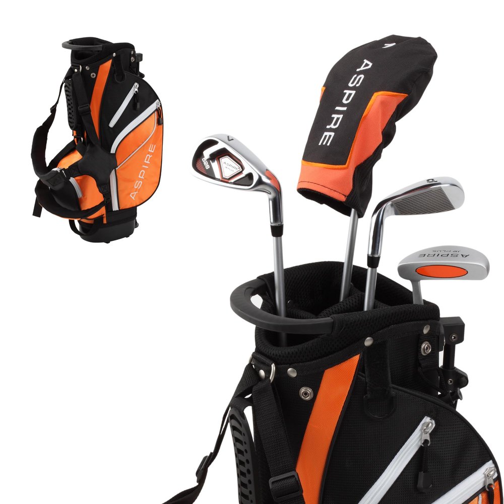 Aspire Junior Plus Kids Golf Clubs Boys & Girls Right-Handed Golf Set with Lightweight Stand Bag, Graphite Shafts & Aircraft-Grade Aluminum Clubs - Orange Ages 5-6