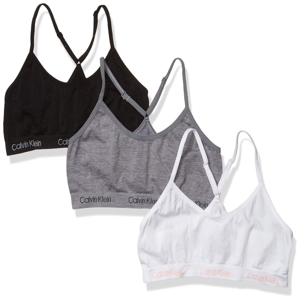 Calvin Klein Little Girl's Seamless Racerback Crop Bralette, Multipack Bra, 3 Pack - Heather Grey, White, Black, M