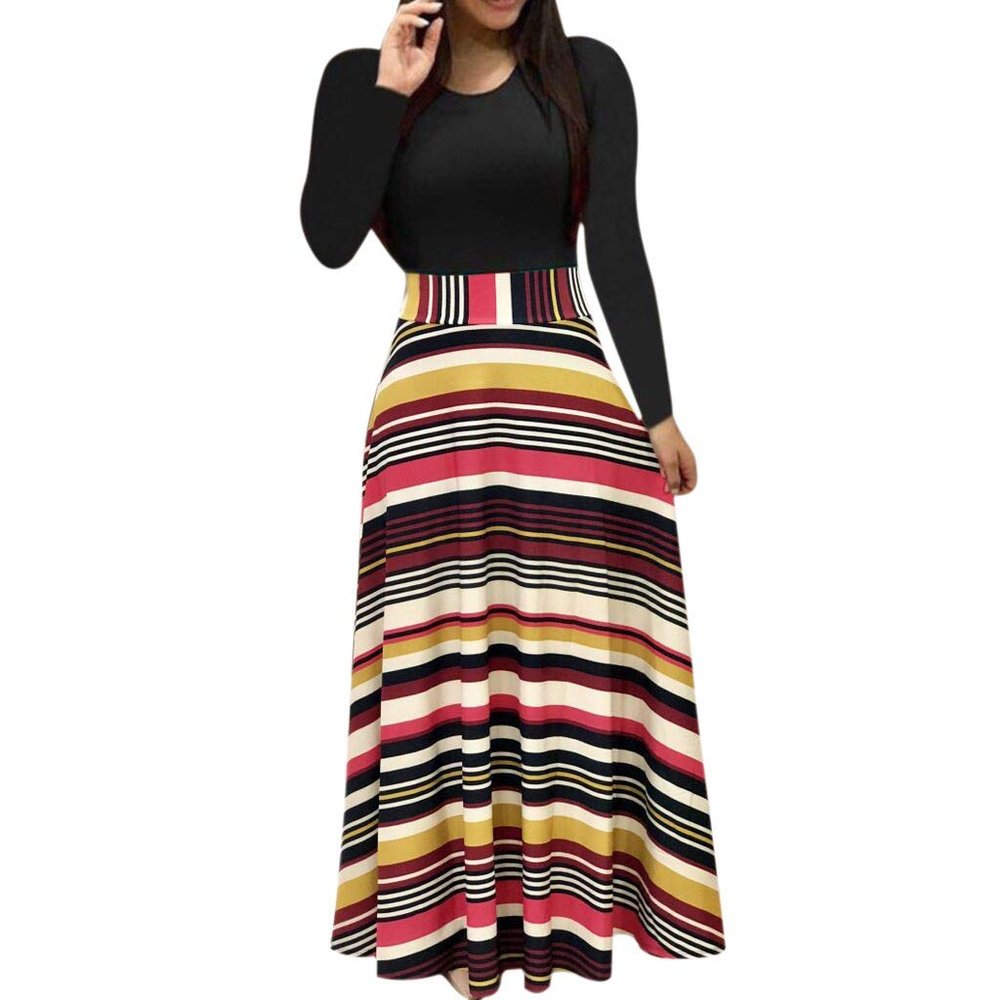 Clopon Women's Long Dress, Floral Print Maxi Dresses for Ladies Winter Long Sleeve Dress (L, Yellow)