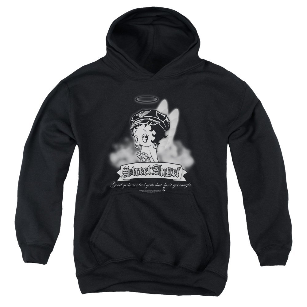 Betty Boop Street Angel Unisex Youth Pull-Over Hoodie for Boys and Girls, Medium Black