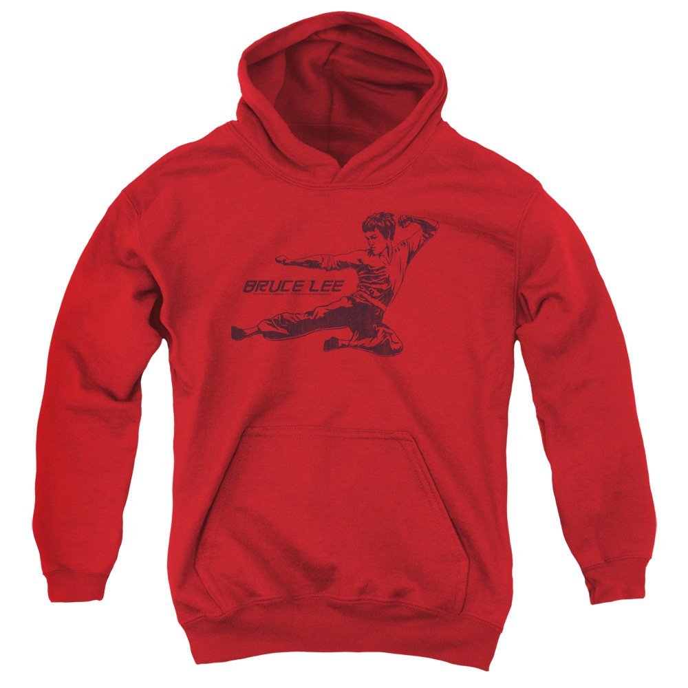 Bruce Lee Line Kick Unisex Youth Pull-Over Hoodie for Boys and Girls, Large Red