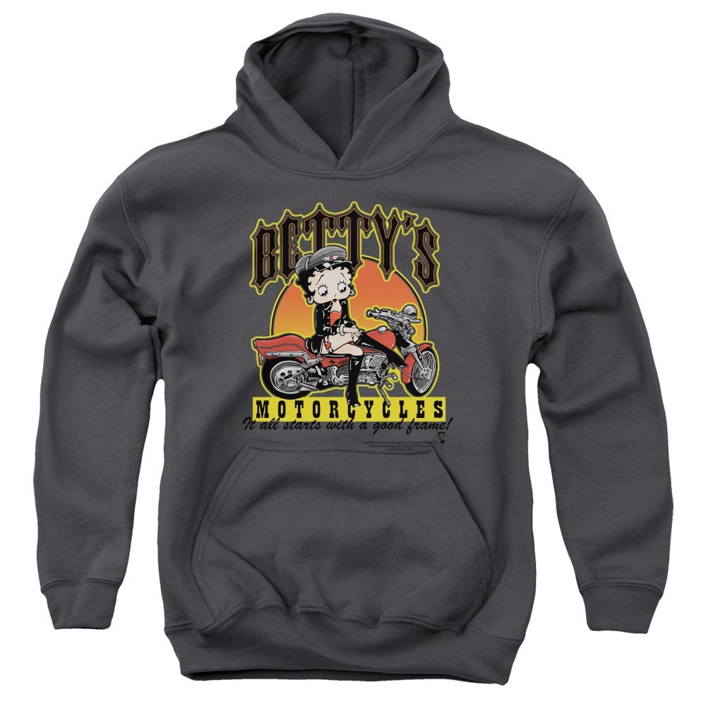 Betty Boop Bettys Motorcycles Unisex Youth Pull-Over Hoodie for Boys and Girls, X-Large Charcoal