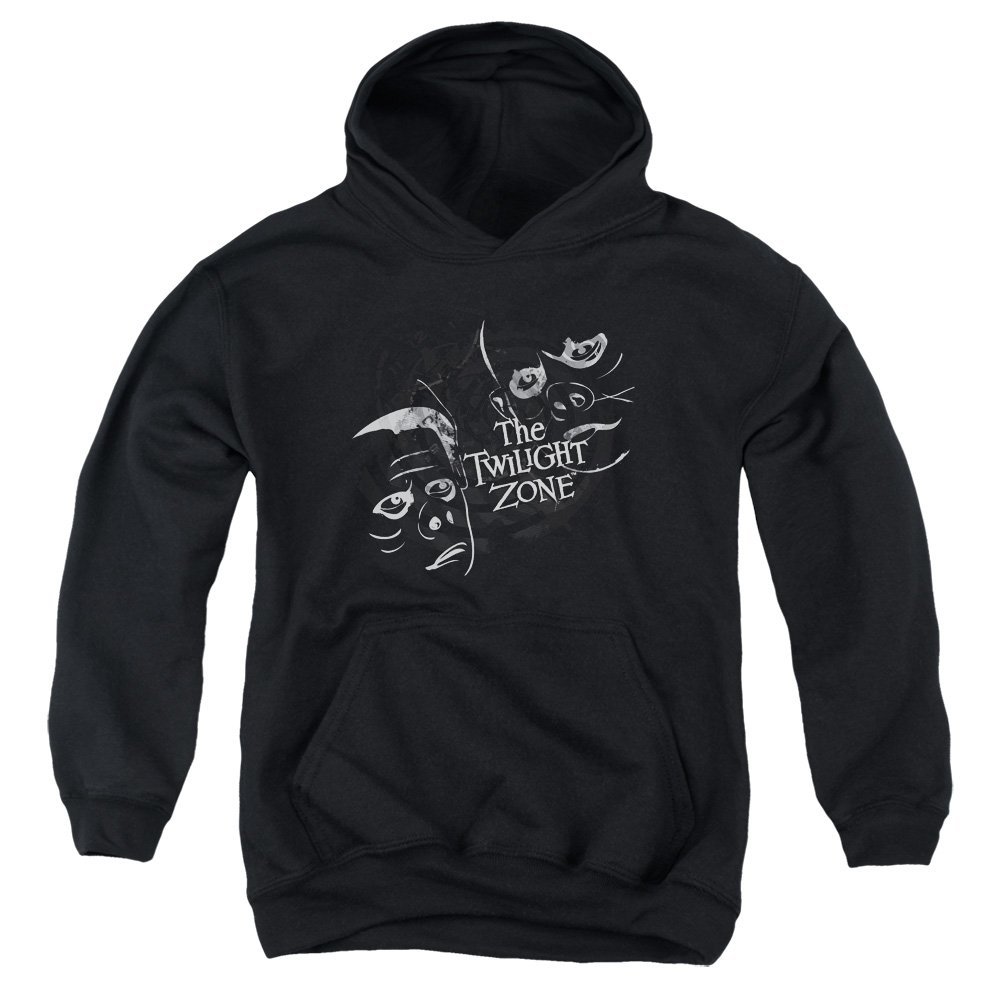 Trevco Twilight Zone Strange Faces Unisex Youth Pull-Over Hoodie for Boys and Girls, Medium Black