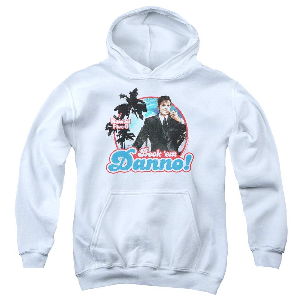 Trevco Hawaii 5 0 Book Em Danno Unisex Youth Pull-Over Hoodie for Boys and Girls, Small White