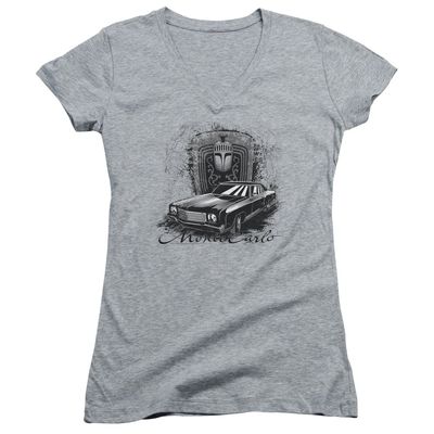Chevrolet Monte Carlo Drawing Juniors' Sheer Fitted V-Neck T Shirt, 2X-Large Athletic Heather