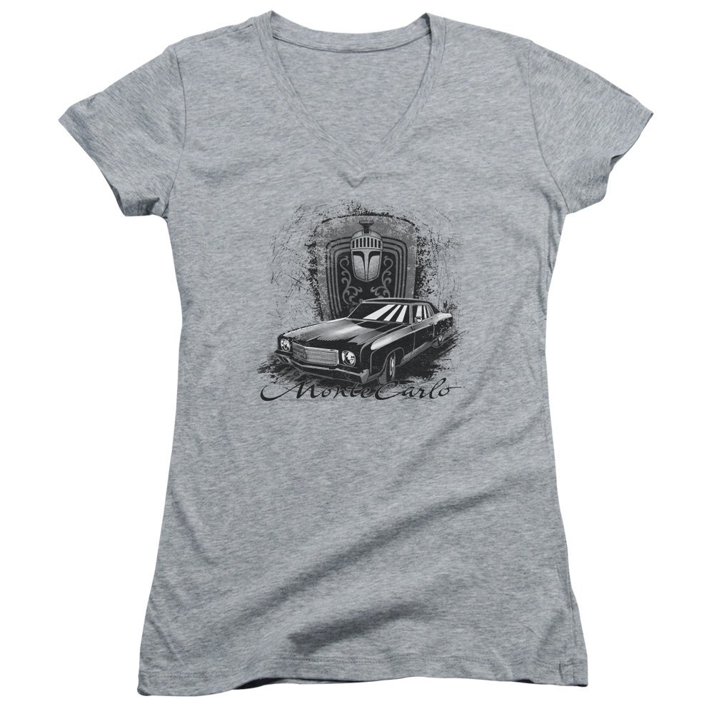 Chevrolet Monte Carlo Drawing Juniors' Sheer Fitted V-Neck T Shirt, 2X-Large Athletic Heather