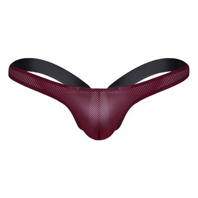 JEATHA Men's Sheer Mesh Bugle Pouch Panties Low Rise G- String Thong Bikini Briefs Jockstrap Underwear Wine Red X-Large