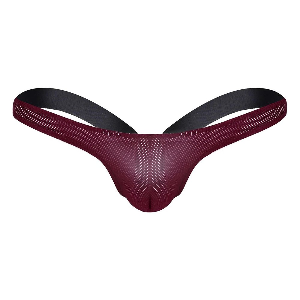 JEATHA Men's Sheer Mesh Bugle Pouch Panties Low Rise G- String Thong Bikini Briefs Jockstrap Underwear Wine Red X-Large