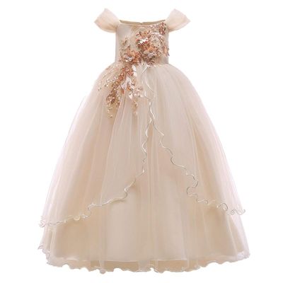 MYRISAM Flower Girl's Embroidery Dress Off-Shoulder Princess Bridesmaid Wedding Birthday Communion Party Formal Long Prom Champagne 6-7T