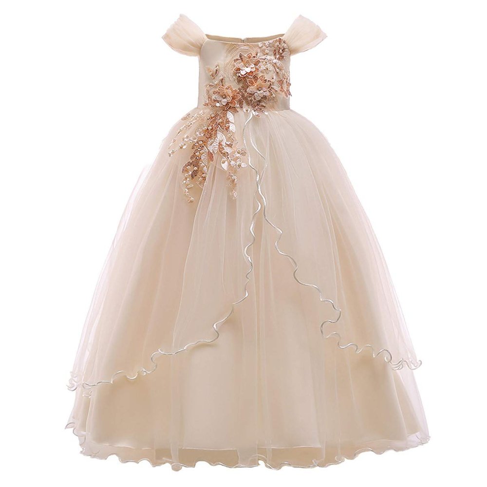 MYRISAM Flower Girl's Embroidery Dress Off-Shoulder Princess Bridesmaid Wedding Birthday Communion Party Formal Long Prom Champagne 6-7T