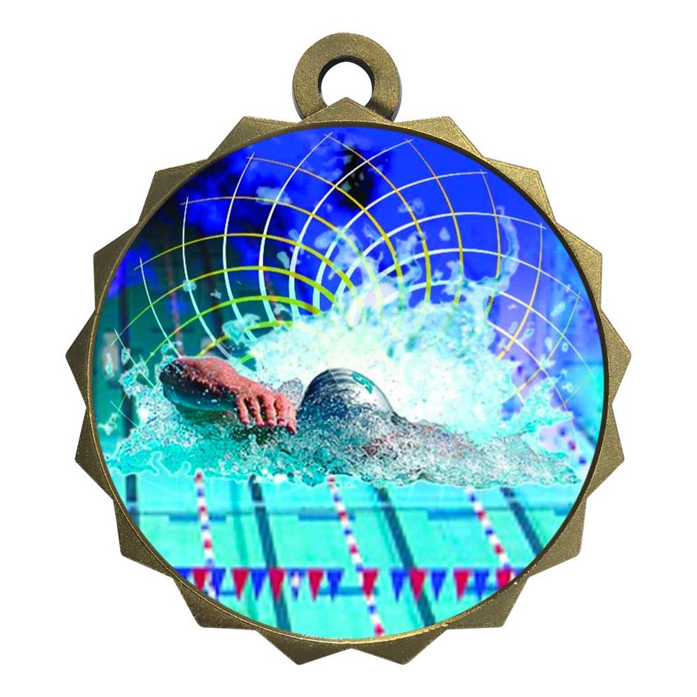 2-1/4 Inch Die-Cast Metal Award Medallion with Antique Gold Finish and Attached 2 Inch Full Color Laminated Sport Insert.