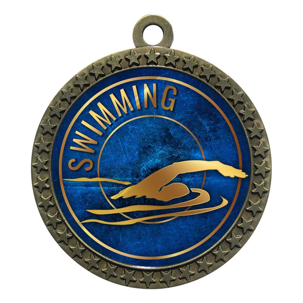 2-1/2 Inch Die-Cast Metal Award Medallion with Antique Gold Finish and Attached 2 Inch Full Color Laminated Sport Insert.