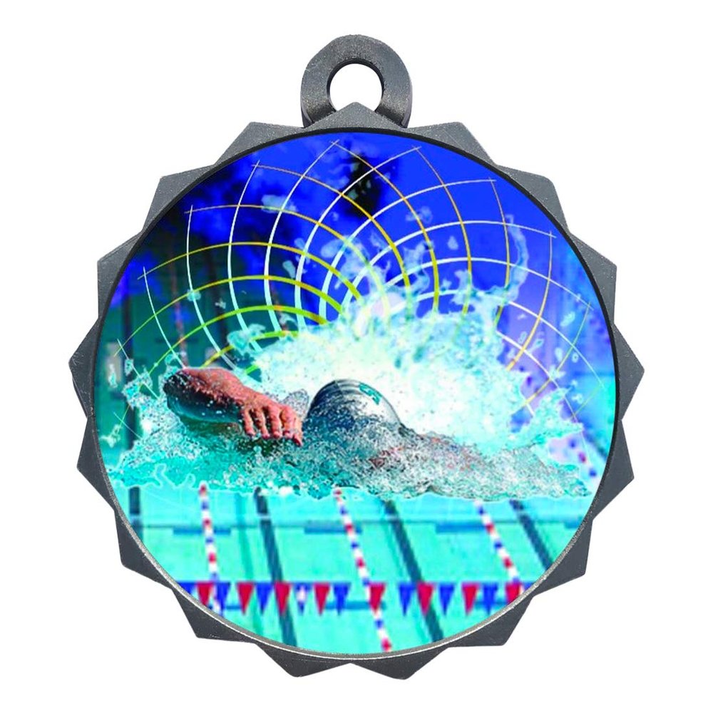 2-1/4 Inch Die-Cast Metal Award Medallion with Antique Silver Finish and Attached 2 Inch Full Color Laminated Sport Insert.