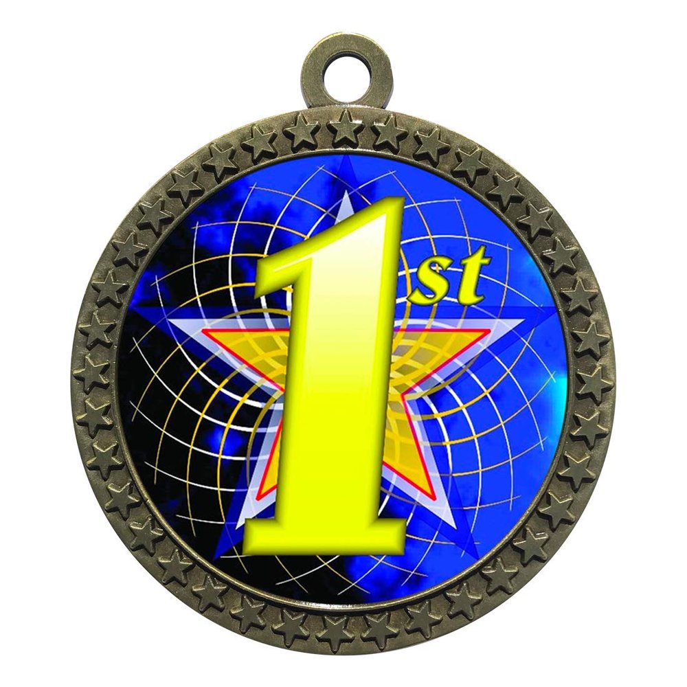 2-1/2 Inch Die-Cast Metal Award Medallion with Antique Gold Finish and Attached 2 Inch Full Color Laminated Sport Insert.