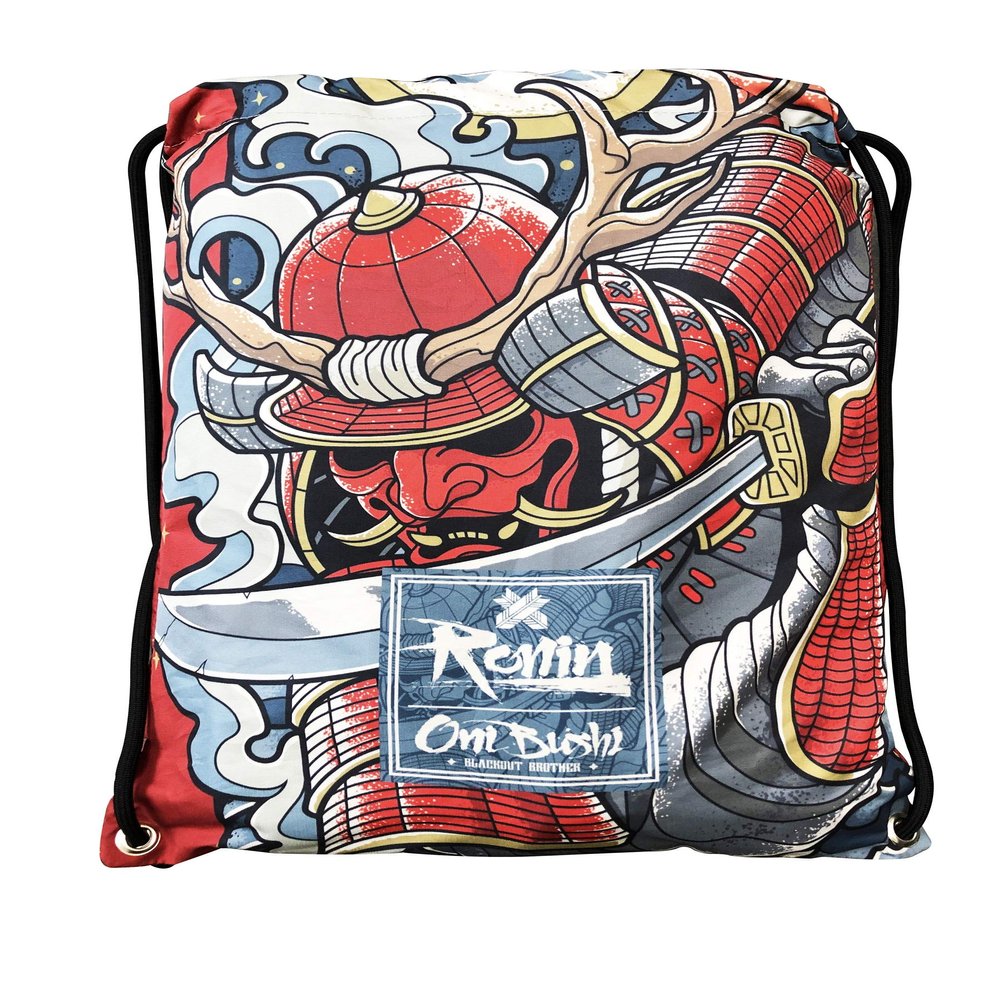 Ronin Gi Sports Bag - Oni Bushi-Draw String Backpack  Contact Sports Rucksack for BJJ, Karate, Judo, TKD, Kempo Gis  Gear Carrying Bag for Women, Men and Kids  100% Polyester  Sturdy Printed Pouch