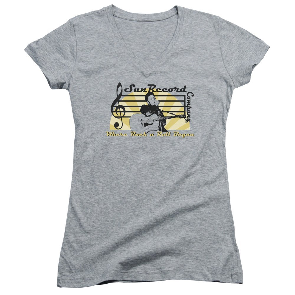 Sun Sun Record Company Juniors' Sheer Fitted V-Neck T Shirt, 2X-Large Athletic Heather