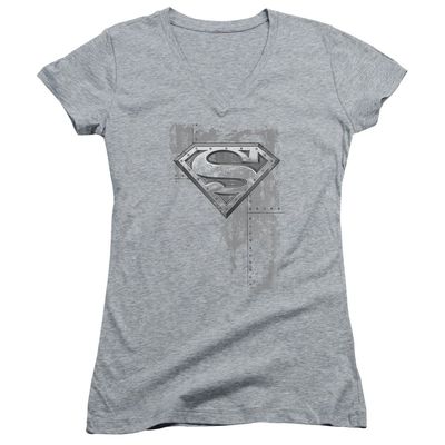 Trevco Superman Riveted Metal Juniors' Sheer Fitted V-Neck T Shirt, 2X-Large Athletic Heather