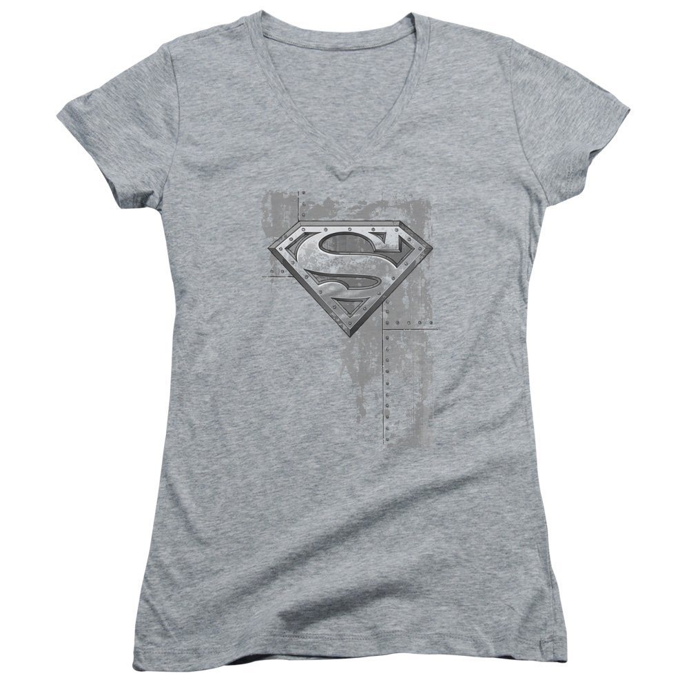 Trevco Superman Riveted Metal Juniors' Sheer Fitted V-Neck T Shirt, 2X-Large Athletic Heather