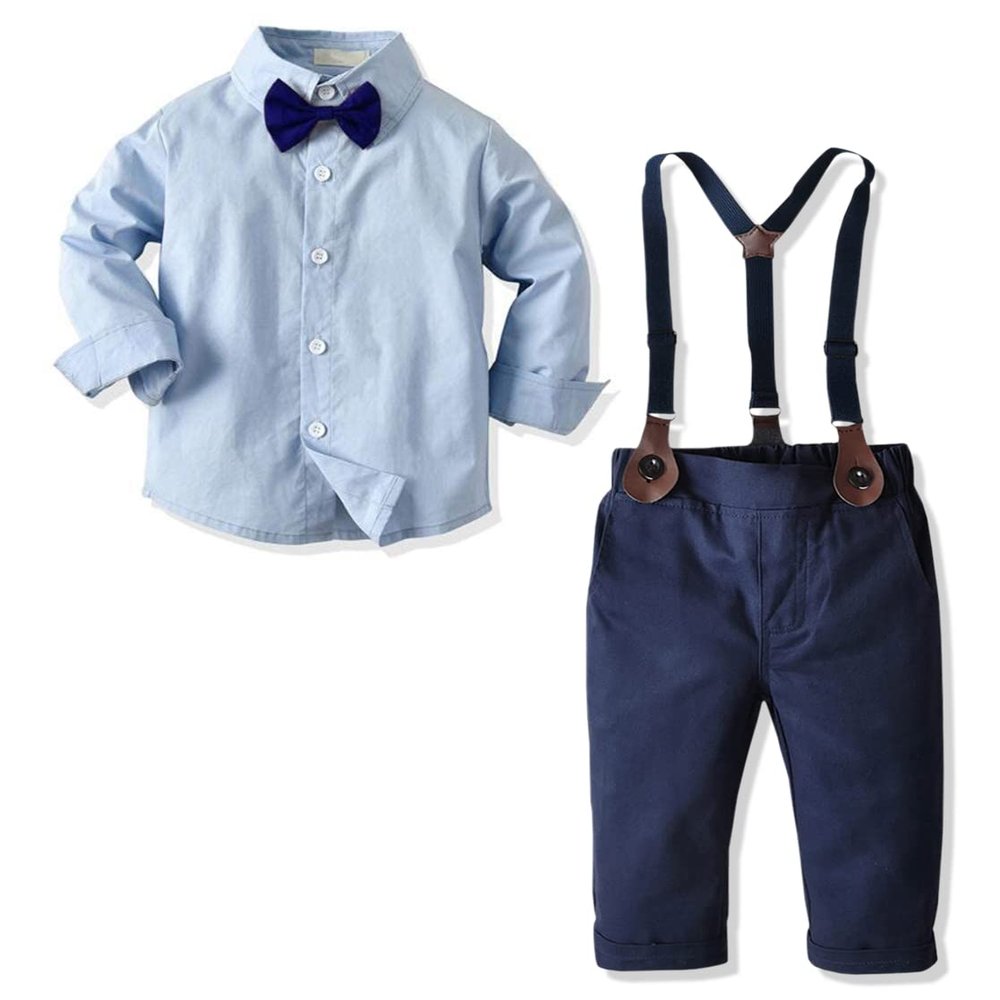 Baby Boys Dress Clothes, Toddlers Boys Long Sleeves Button Down Plaid Dress Shirt with Bowtie + Suspender Pants Set Wedding Outfit, Light Blue Blue, Tag 110 = 2-3 Years