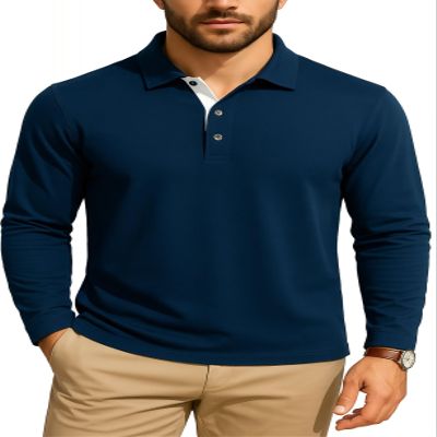 KUYIGO Mens Long Sleeve Casual Slim Fit Polo T-Shirts Basic Designed with Cotton Shirts X-Large Navy