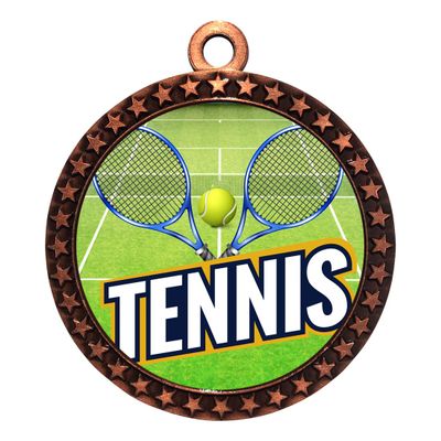 2-1/2 Inch Die-Cast Metal Tennis Medals Award Medallion with Antique Bronze Finish and Attached 2 Inch Full Color Laminated Sport Insert Medal Trophy Trophies
